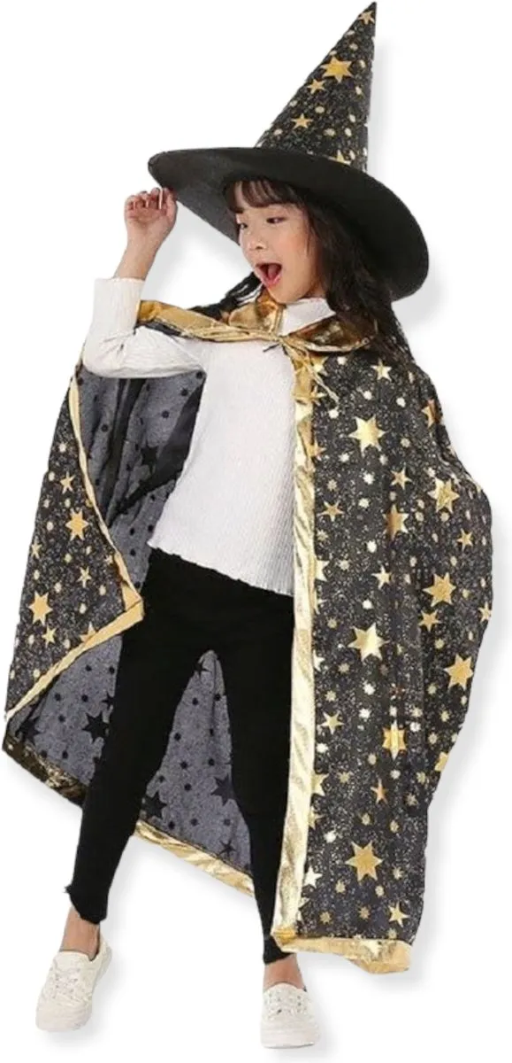 Jobber Toys Halloween Tovenaar Kostuum 3-7 jaar - Zwart/Goud/Groen