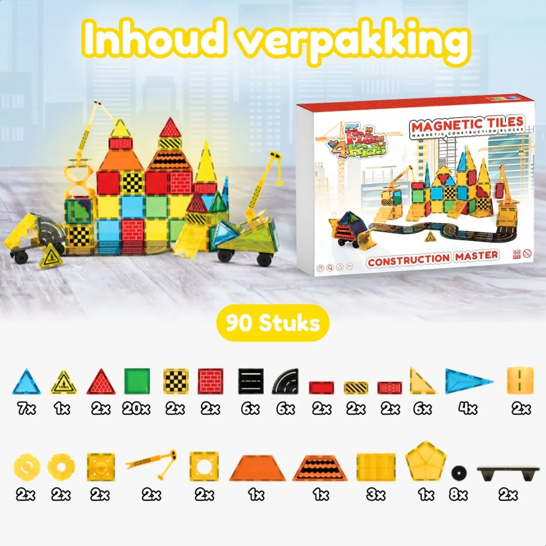 Fits4kids Magnetic Tiles 90 Stuks - Bouwplaatskleuren