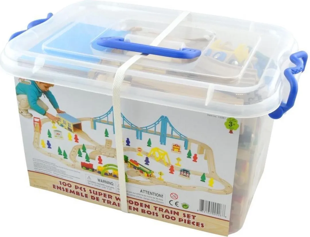 Wooden Toys Houten Trein Set - 100-delige treinset in opbergbak - Vanaf 3 jaar