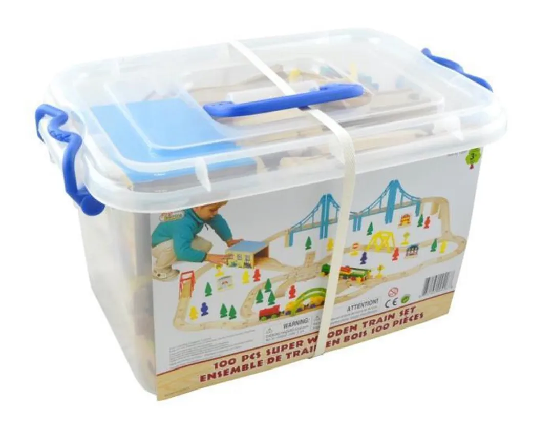 Wooden Toys Houten Trein Set - 100-delige treinset in opbergbak - Vanaf 3 jaar
