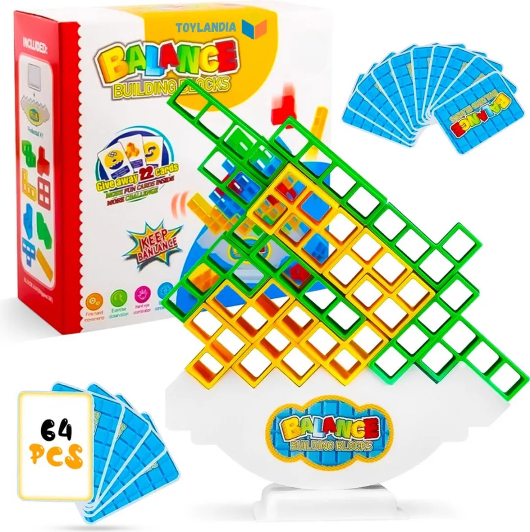 TOYLANDIA Tetra Tower Spel Balance - Montessori Speelgoed - Tetris Tower Spel - Balansspel - Educatief Speelgoed - Bouwset - Tiktok - 64 Stuks