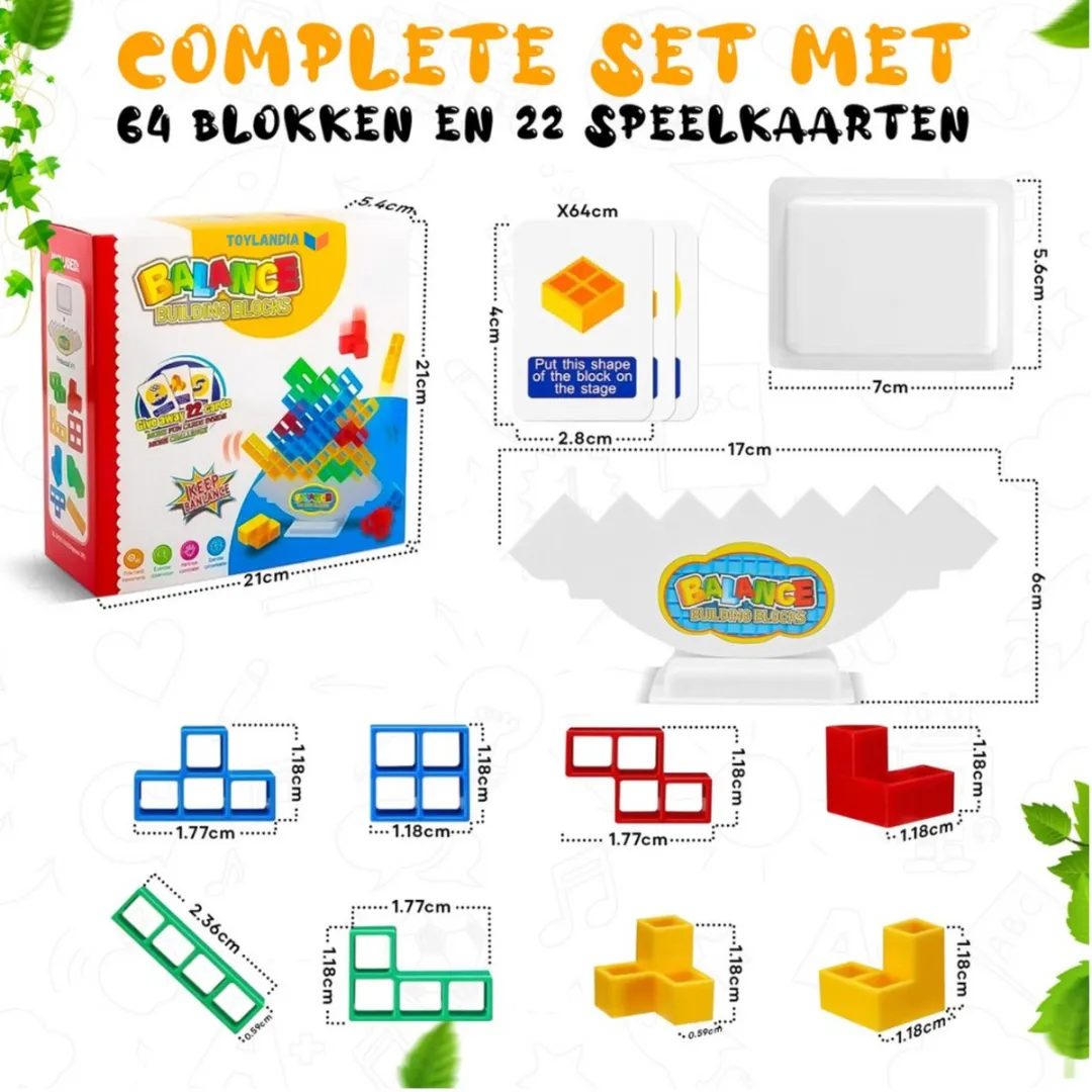 TOYLANDIA Tetra Tower Spel Balance - Montessori Speelgoed - Tetris Tower Spel - Balansspel - Educatief Speelgoed - Bouwset - Tiktok - 64 Stuks