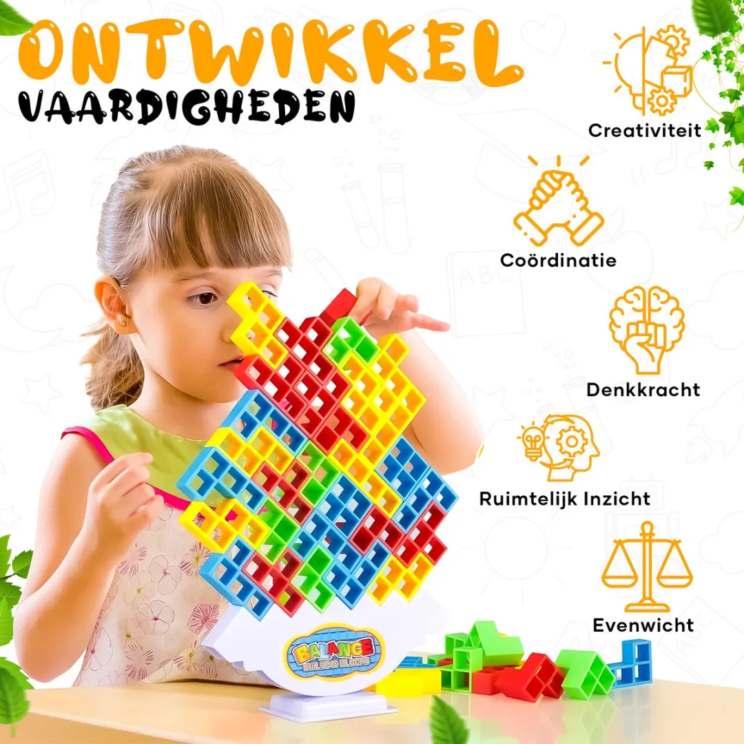 TOYLANDIA Tetra Tower Spel Balance - Montessori Speelgoed - Tetris Tower Spel - Balansspel - Educatief Speelgoed - Bouwset - Tiktok - 64 Stuks