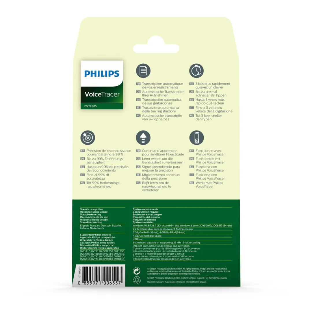 Philips VoiceTracer DVT2805 Spraakherkenning Software - NL/EN/FR/DE/IT/ES