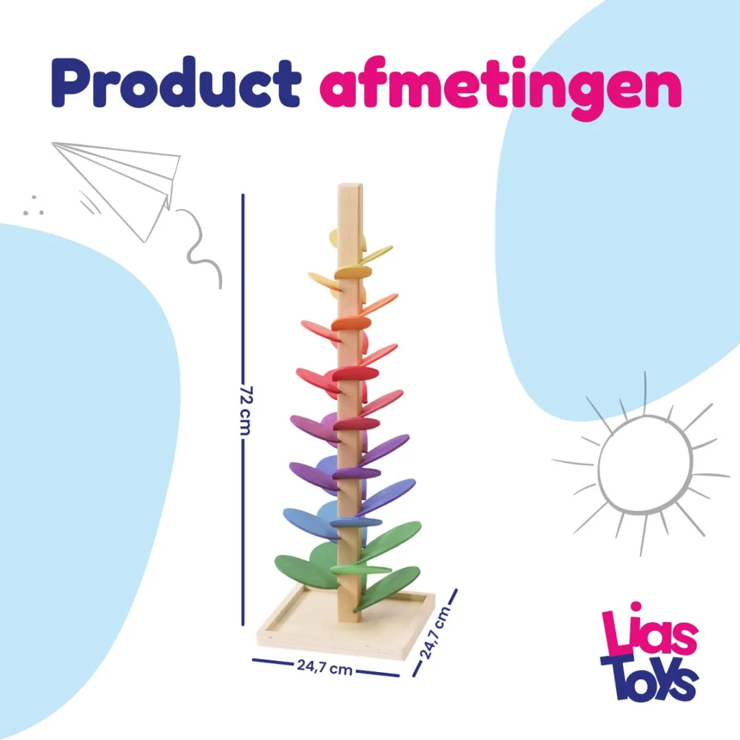 LiasToys Regenboogboom Knikkerbaan - Houten Montessori Speelgoed - Regenboogkleuren - afbeelding 5 van 6