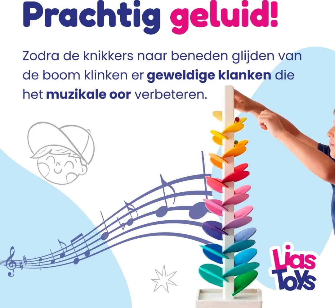 LiasToys Regenboogboom Knikkerbaan - Houten Montessori Speelgoed - Regenboogkleuren - afbeelding 3 van 6