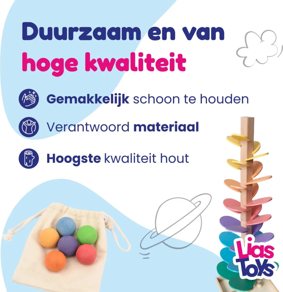 LiasToys Regenboogboom Knikkerbaan - Houten Montessori Speelgoed - Regenboogkleuren - afbeelding 2 van 6