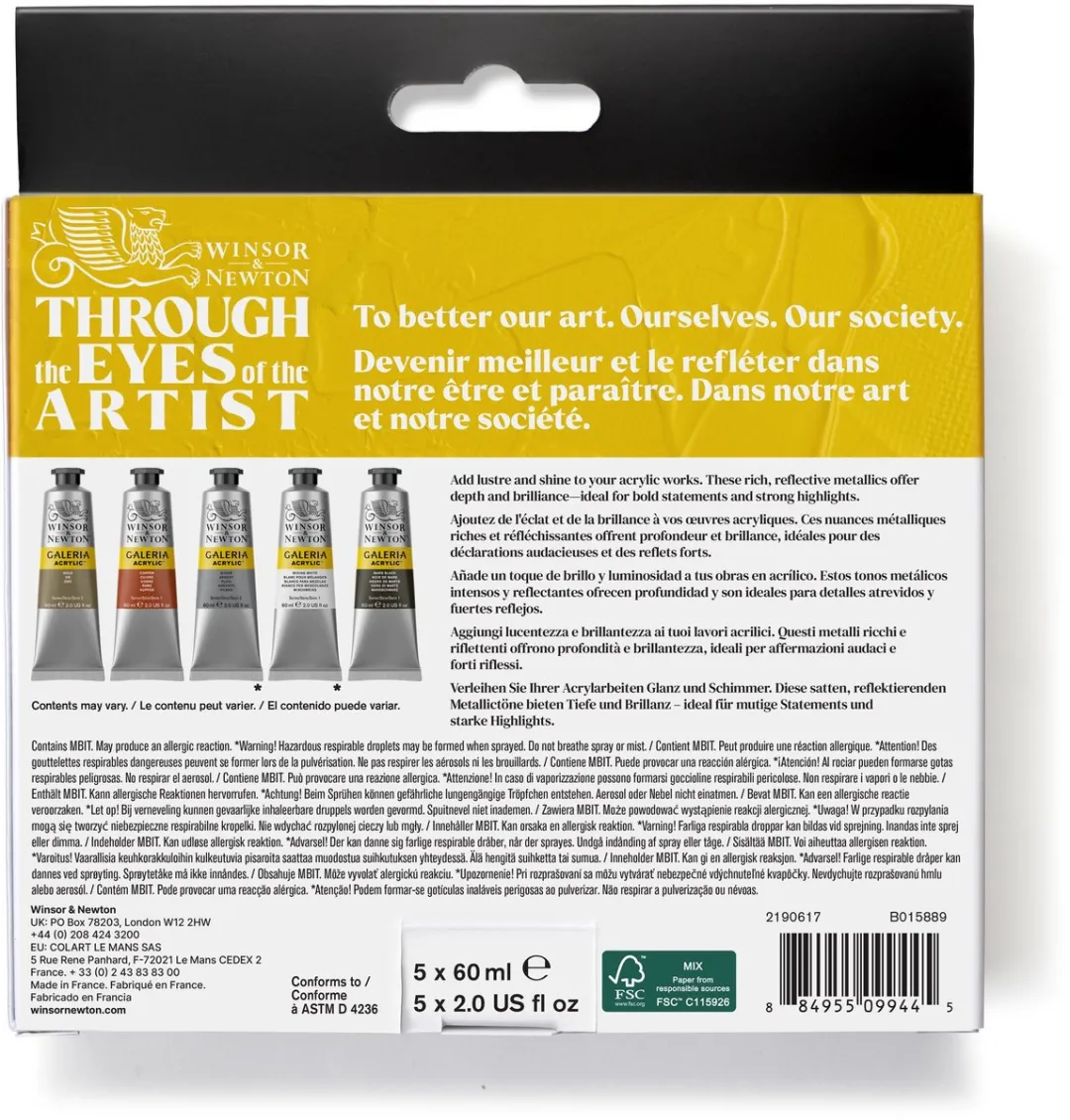 Winsor & Newton Galeria Acryl Metallic Set 5x60ml - Gold/Copper/Metallic Silver/Mixing White/Mars Black