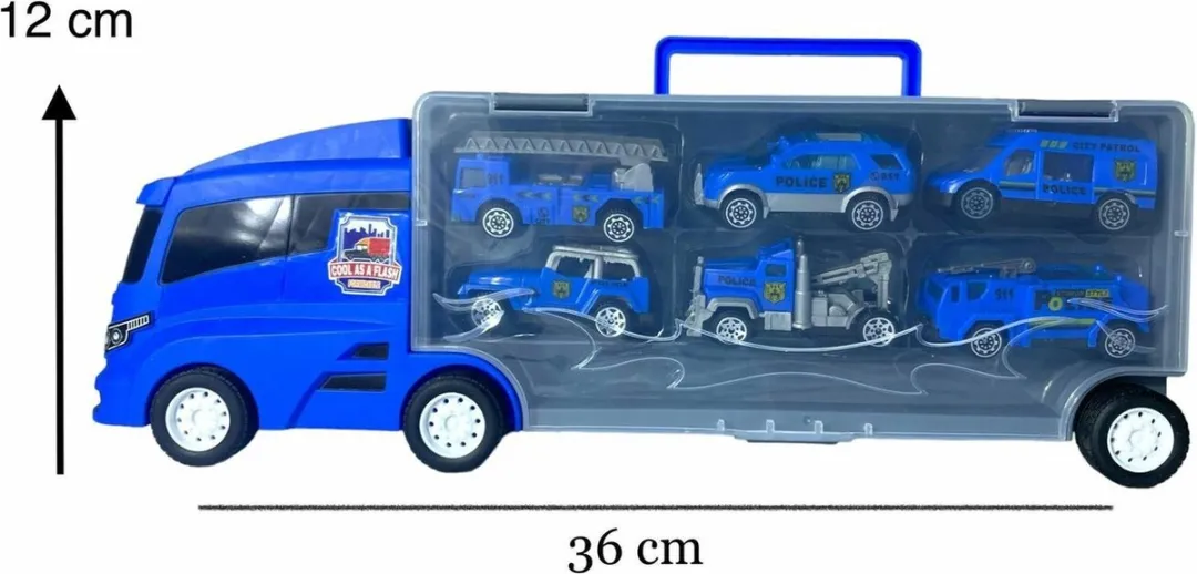 Vrachtwagen set Politie - transporter - 6-delig - Container truck koffer - 36.4 cm