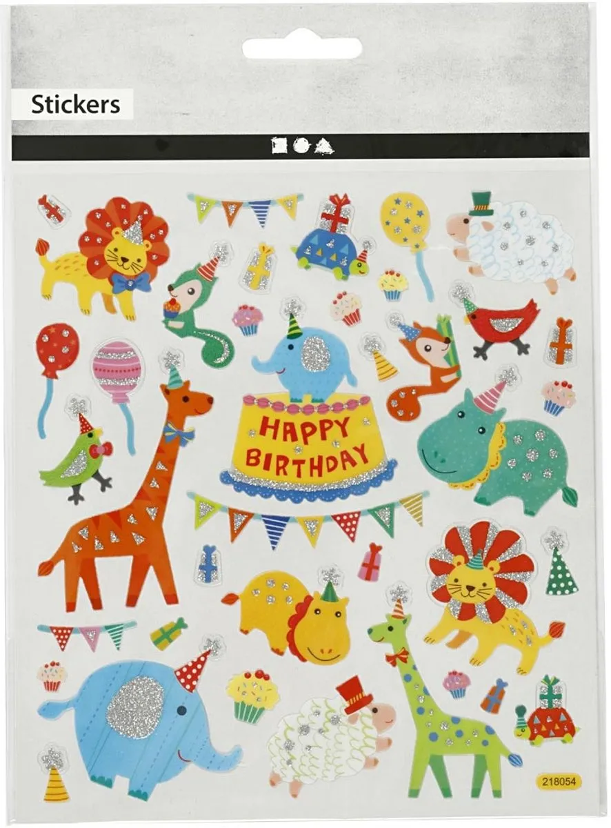 Creativ Company Dieren Stickers Verjaardag - 1 Vel - 15x16,5cm - Multicolor