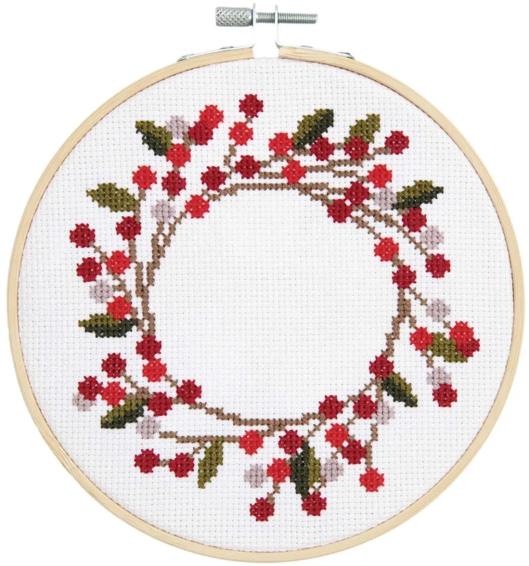 Rico Design Kerstkrans Kruissteek Borduurset 100074 - Bruin/Groen/Rood/Wit