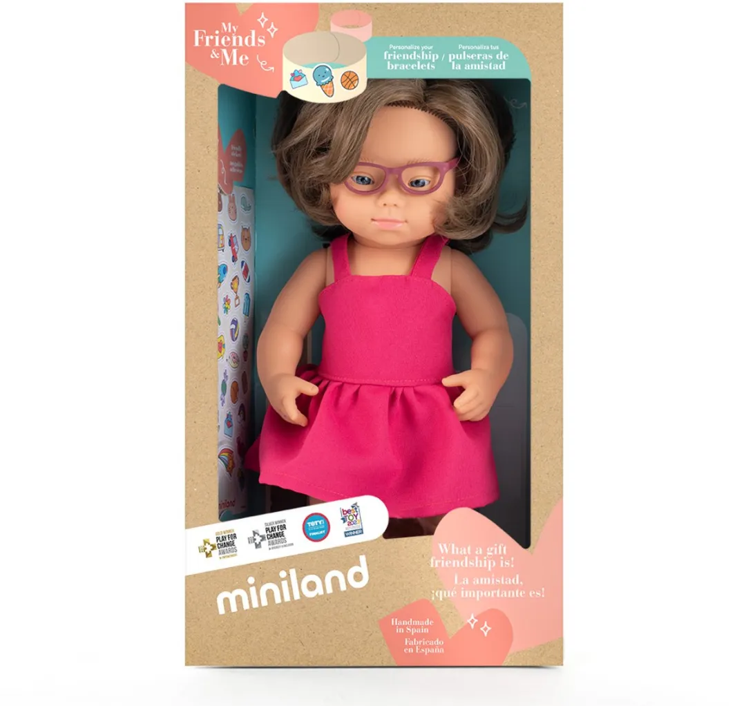 Miniland Babypop Blank Meisje 38cm - Bruin Haar, Down & Bril - Roze - afbeelding 5 van 5
