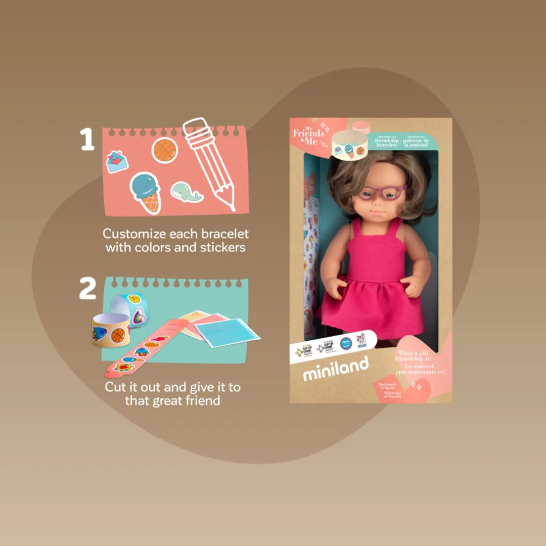 Miniland Babypop Blank Meisje 38cm - Bruin Haar, Down & Bril - Roze - afbeelding 4 van 5