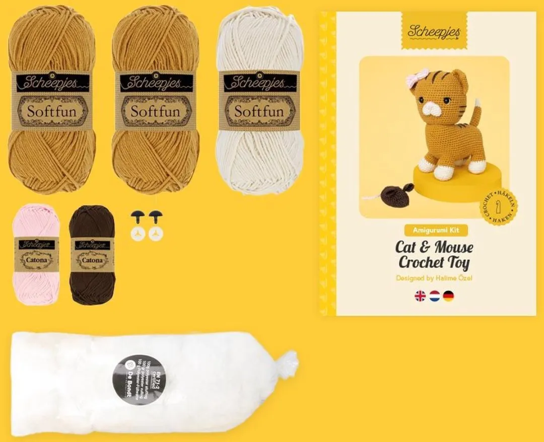 Scheepjes Amigurumikit Kat & Muis Haken - 3x50g Softfun + 2x10g Catona