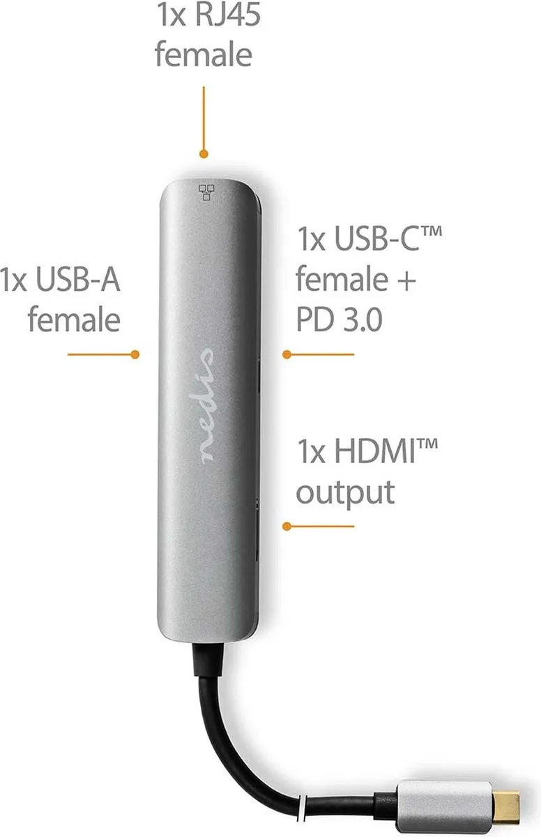 Nedis CCBW64220AT02 USB-C Hub 4-in-1 - 5Gbps - 0,2m - Antraciet