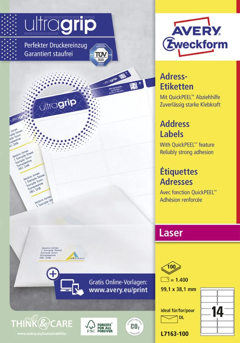 Avery QuickPEEL Etiketten 63,5x33,9mm Permanent - 100 Vel A4