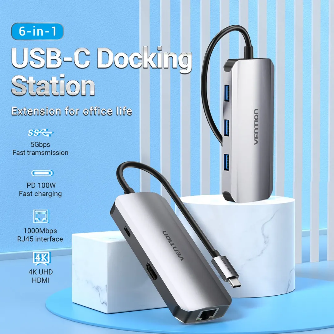 Vention USB C Hub TOHHB 6-in-1 - 4K HDMI & RJ45 - Zwart - afbeelding 2 van 6