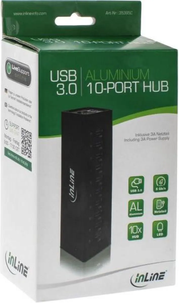 InLine USB Hub 10 Poorten 3.0 - 12V Voeding - 35395C Zwart