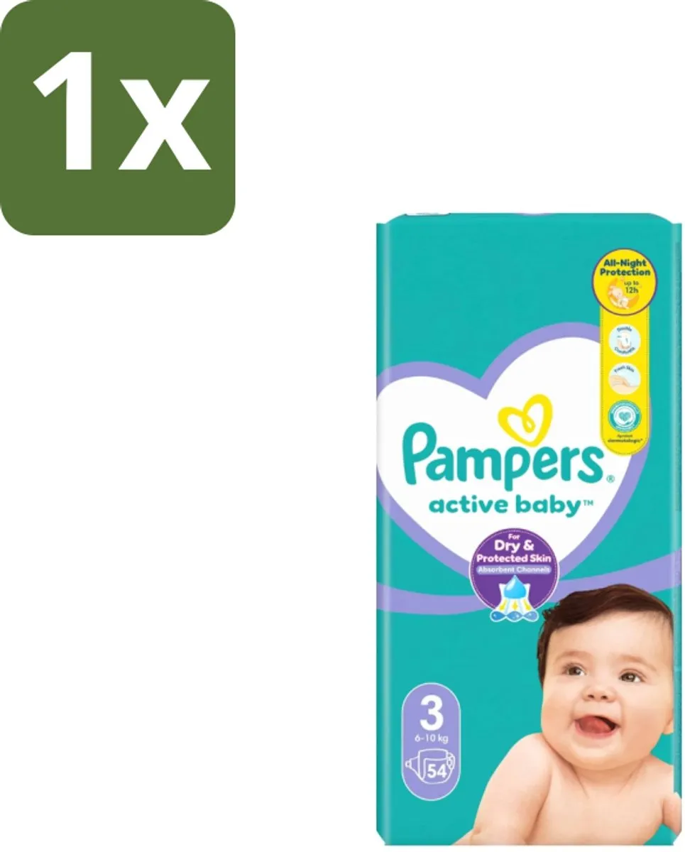 1 x Pampers – Luiers – Active Baby Maat 3 – 54 Luiers - Baby Luiers - Droge Nacht - Luchtdoorlatende Luier - Vocht Absorberend - Dermatologisch Getest