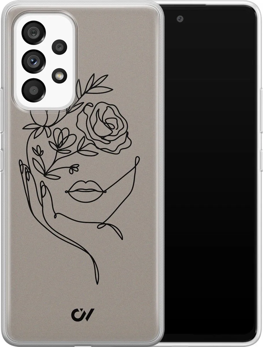 Casevibes Samsung Galaxy A53 Hoesje - Oneline Face Flower - Grijs