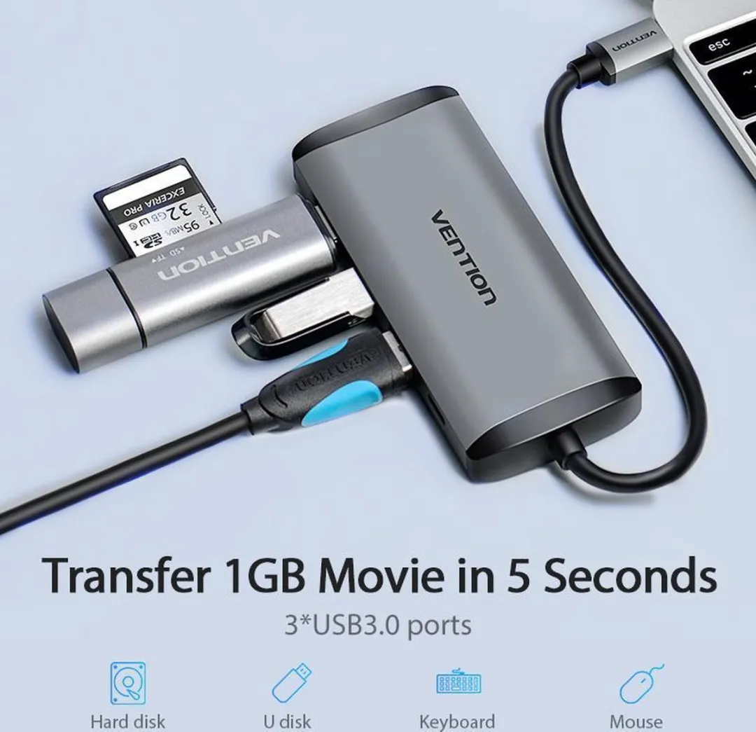 Vention USB C Hub CNBHB 5-in-1 - 4K HDMI & USB 3.0 - Zilver