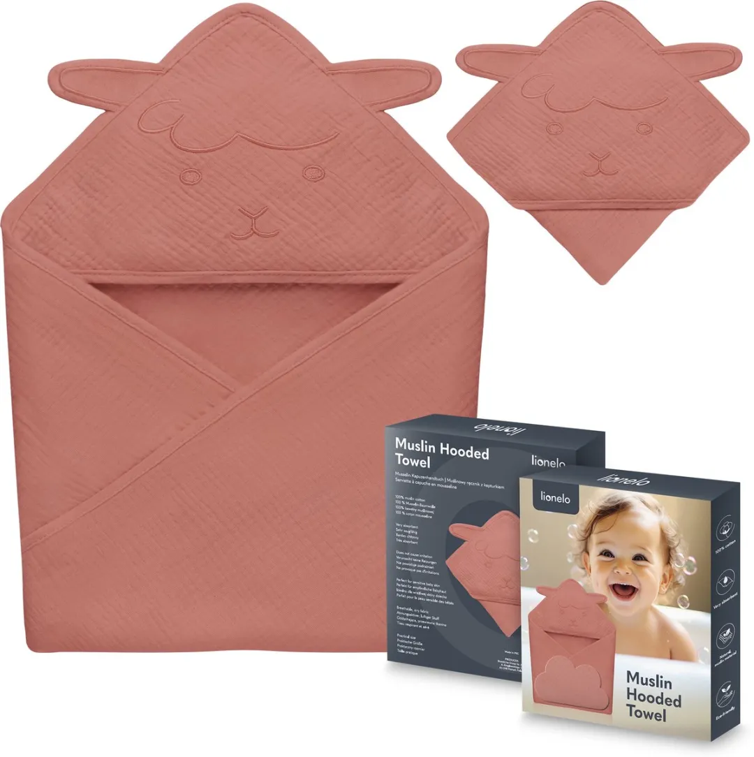 Lionelo Muslin Hooded Baby Towel – Zachte Babyhanddoek met Capuchon van 100% Katoenen Mousseline – Zachte Badcape met Capuchon – Ademend, Hypoallergeen & Irritatievrij – Uitstekende Absorptie – Voor Pasgeborenen & Oudere Kinderen – 75x75 cm