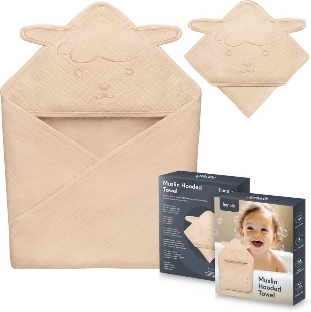 Lionelo Muslin Hooded Baby Towel – Zachte Babyhanddoek met Capuchon van 100% Katoenen Mousseline – Zachte Badcape met Capuchon – Ademend, Hypoallergeen & Irritatievrij – Uitstekende Absorptie – Voor Pasgeborenen & Oudere Kinderen – 75x75 cm