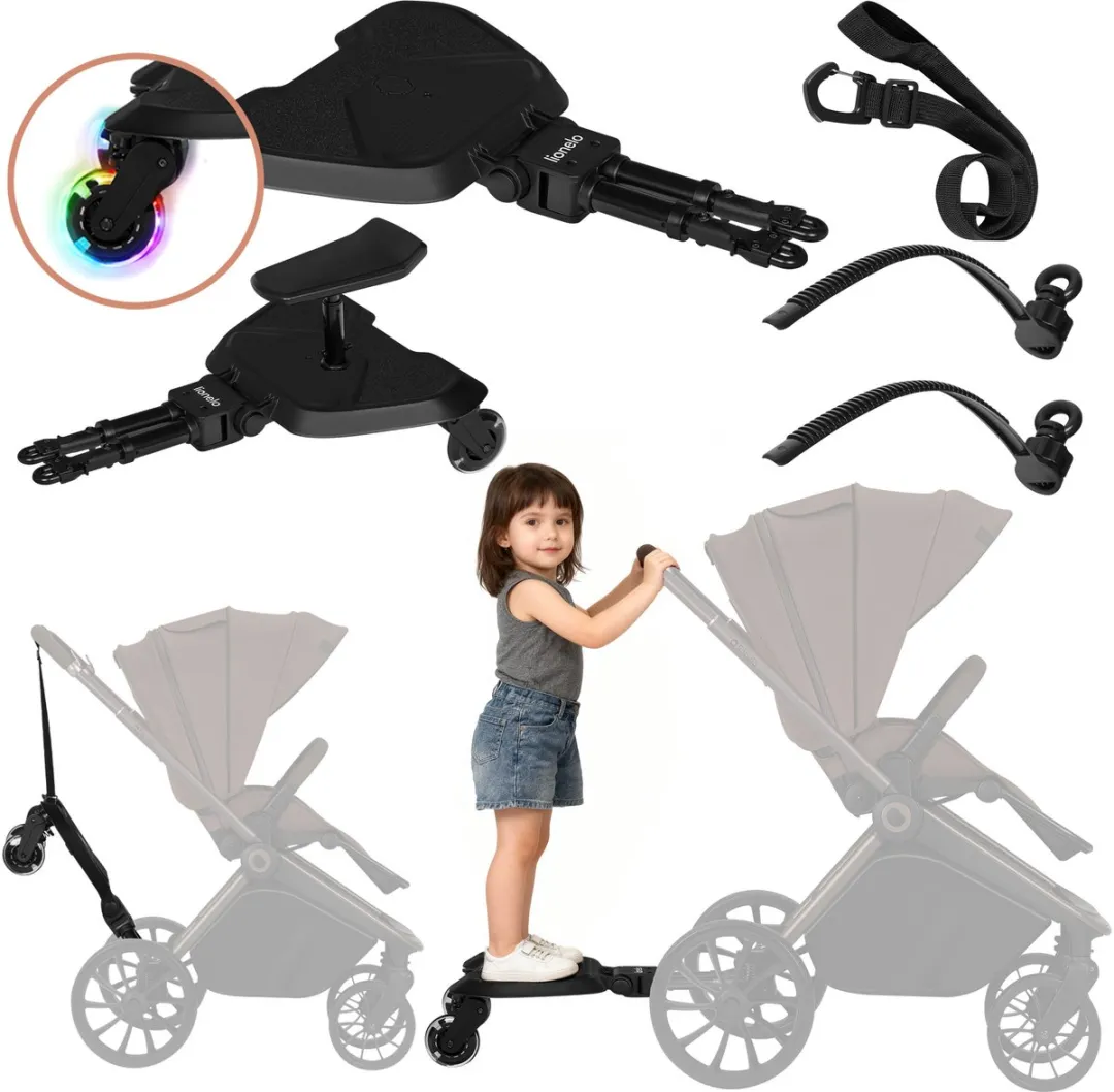 Lionelo Buggy Board Meerijdplankje - Kinderwagen-opstapje - Zit- en Sta-optie - Universeel - LED-wielen - Verstelbaar Zitje - Antislip Platform - Tot 25 kg - 2-5 jaar - Eenvoudige Montage