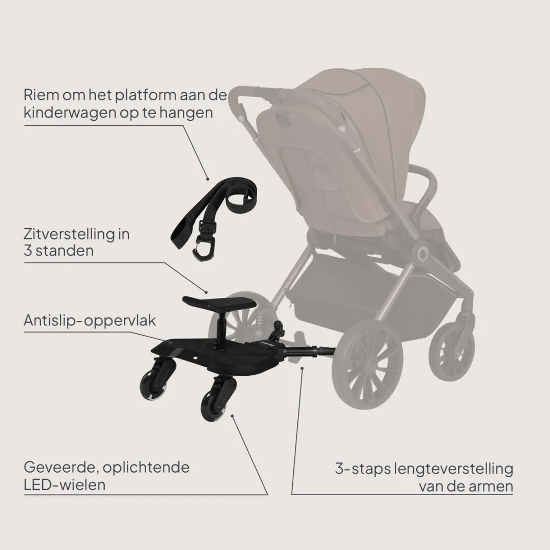 Lionelo Buggy Board Meerijdplankje - Kinderwagen-opstapje - Zit- en Sta-optie - Universeel - LED-wielen - Verstelbaar Zitje - Antislip Platform - Tot 25 kg - 2-5 jaar - Eenvoudige Montage