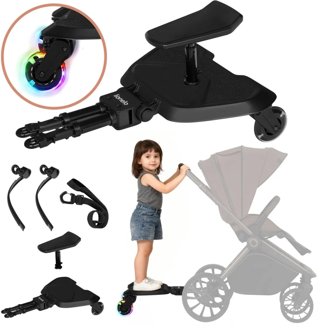 Lionelo Buggy Board Meerijdplankje - Kinderwagen-opstapje - Zit- en Sta-optie - Universeel - LED-wielen - Verstelbaar Zitje - Antislip Platform - Tot 25 kg - 2-5 jaar - Eenvoudige Montage