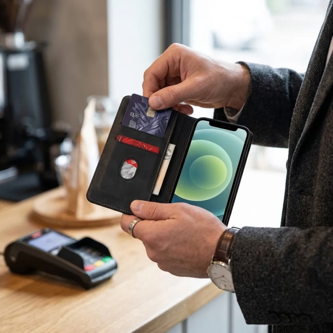 NUVEX Zwart Kunstleer Wallet Hoesje iPhone 12 Mini - Magneetsluiting