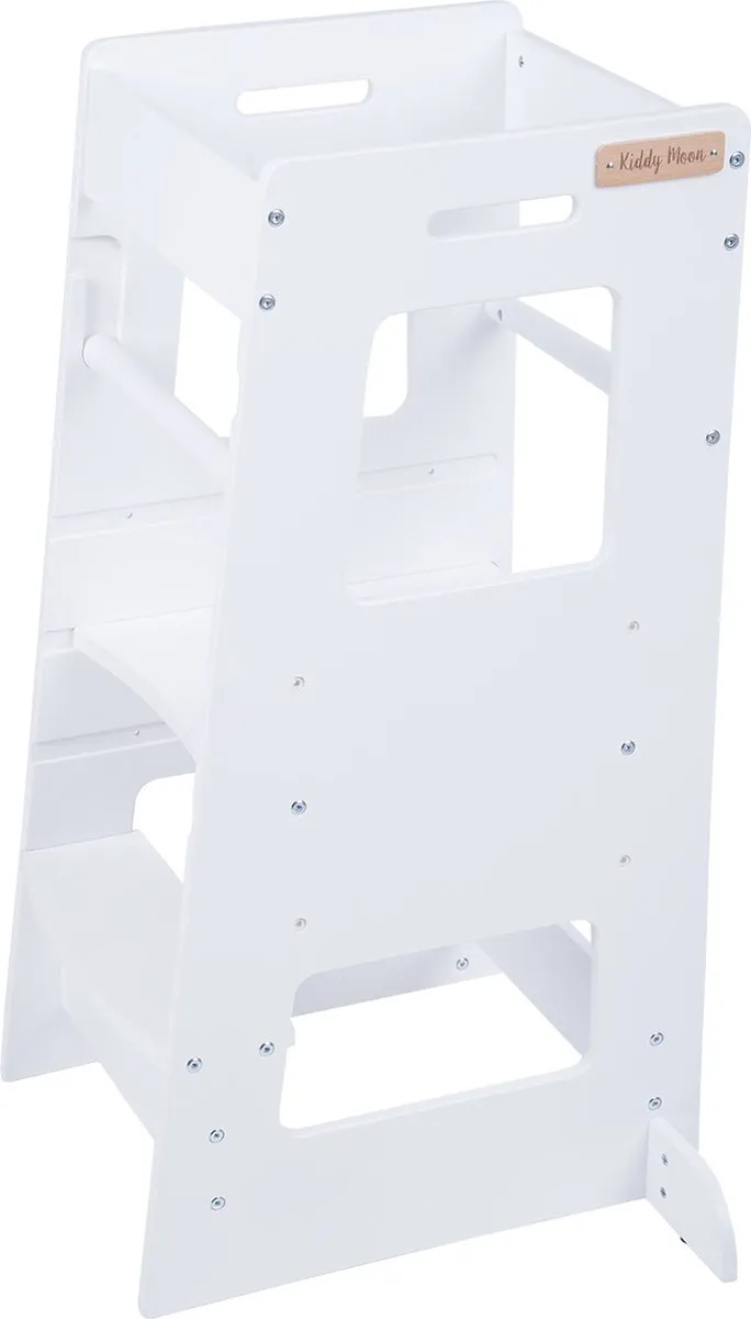 KiddyMoon Leertoren voor kinderen Houten - Montessori meubilair - In hoogte verstelbaar - Opstapkrukje - Toddlers stool - Leerstoel baby - Kinderstoel - Montessori kitchen helper Hout - Keukenhulp - Keukentoren - Kindertrap - Wit