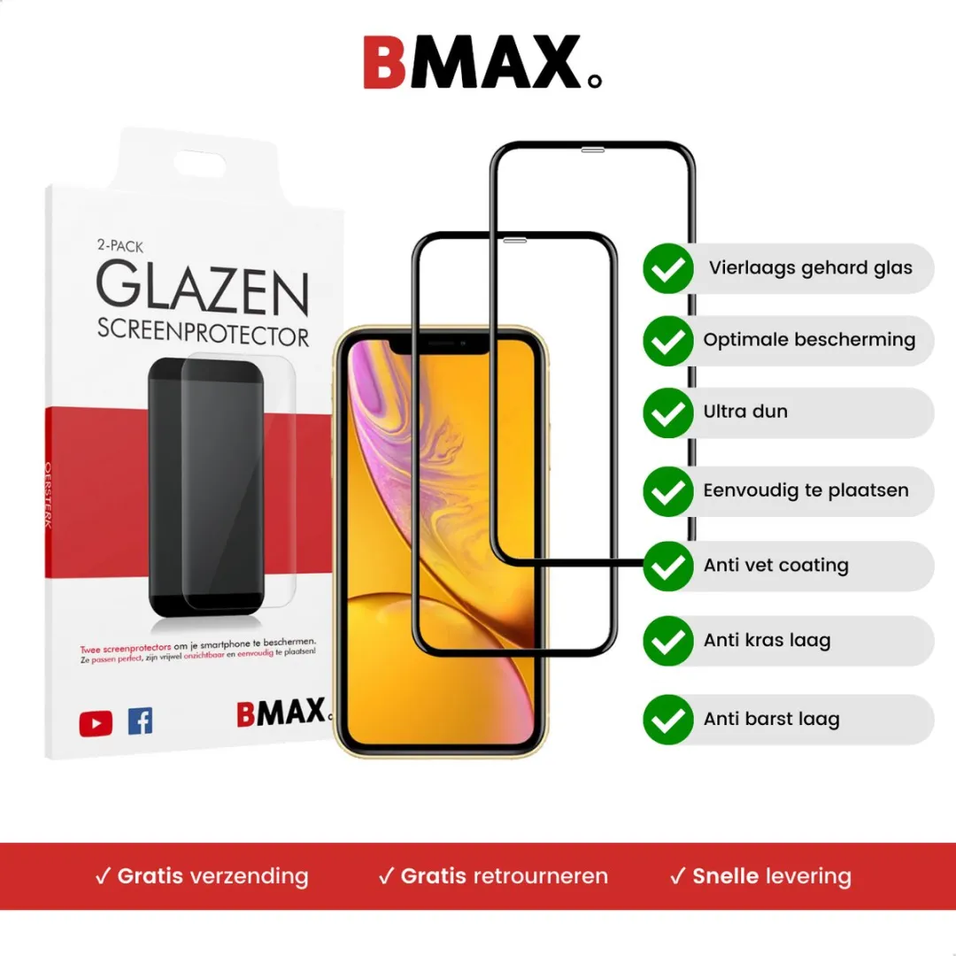 BMAX iPhone XR Screenprotector Full Cover Glas - 2 Stuks