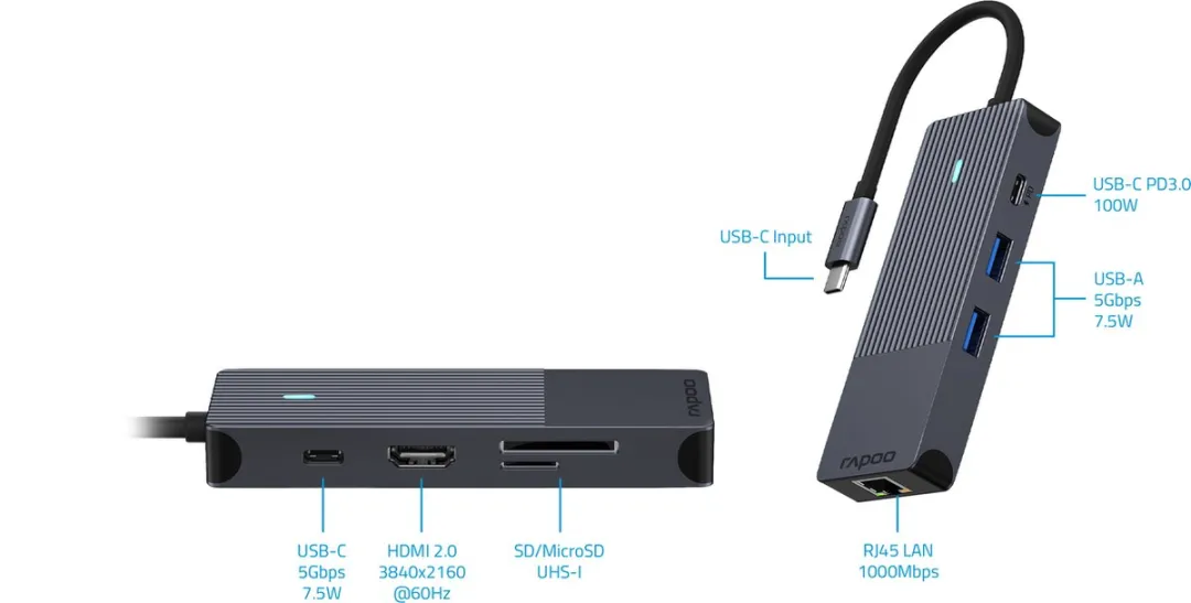 Rapoo UCM-2004 USB-C Multiport Adapter 8-in-1 - Donker Grijs - afbeelding 4 van 6