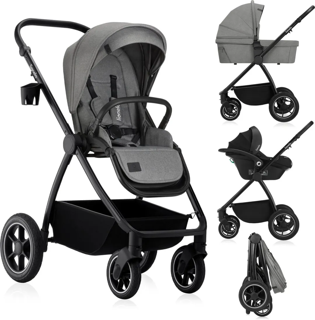 Lionelo Meril 3in1 Kinderwagen - Buggy – XL Reiswieg, Wandelwagen & ADAC-gecertificeerd Autostoeltje – All-Terrain Wielen – Compleet Accessoireset – UPF50+