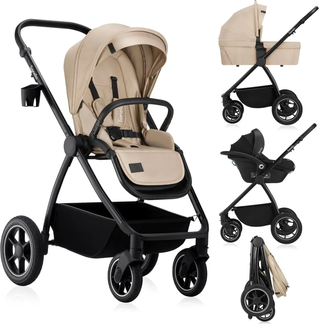 Lionelo Meril 3in1 Kinderwagen - Buggy – XL Reiswieg, Wandelwagen & ADAC-gecertificeerd Autostoeltje – All-Terrain Wielen – Compleet Accessoireset – UPF50+