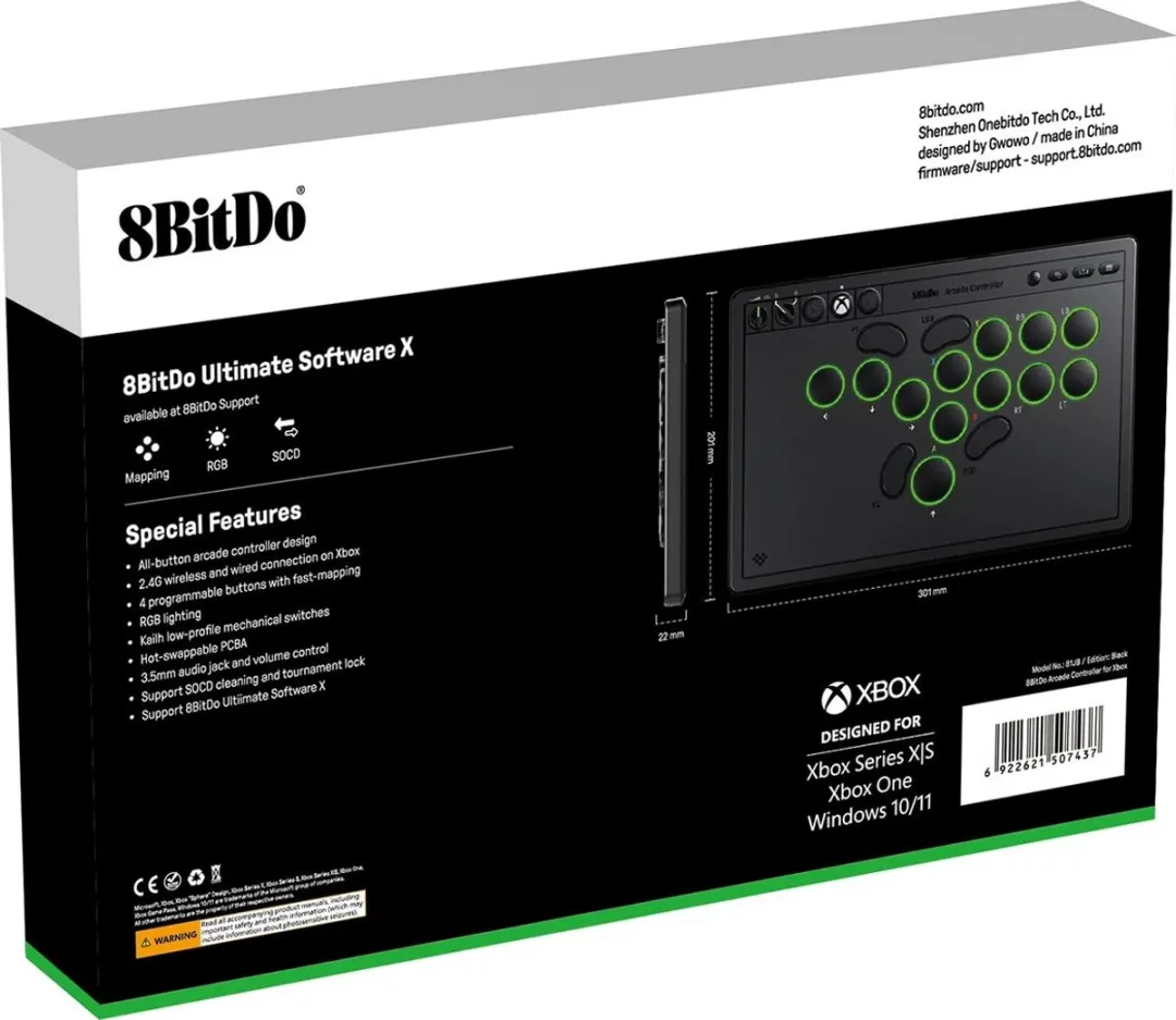 8Bitdo Arcade Controller for Xbox Zwart RF/USB Gamepad Analoog PC, Xbox One, Xbox Series S, Xbox Series X