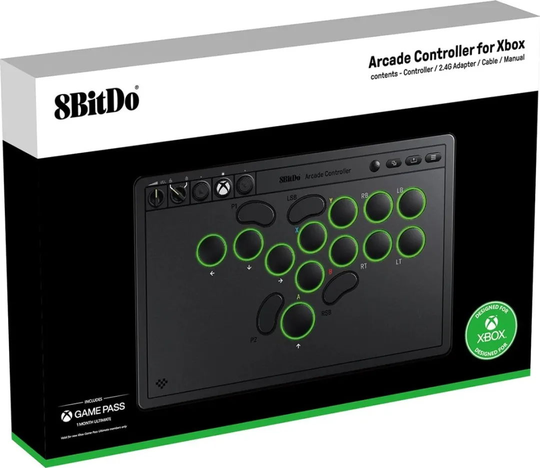 8Bitdo Arcade Controller for Xbox Zwart RF/USB Gamepad Analoog PC, Xbox One, Xbox Series S, Xbox Series X