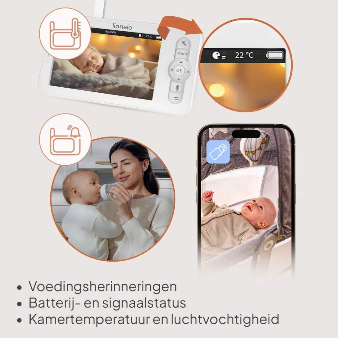 Lionelo Babyline 9.2 AI - Babyfoon met AI - Full HD camera - Nachtlampje - Huildetectie - Bewegingsdetectie - Temperatuur- en vochtigheidssensor - Tweeweg communicatie - VOX modus - App-connectiviteit - Voedingsherinnering