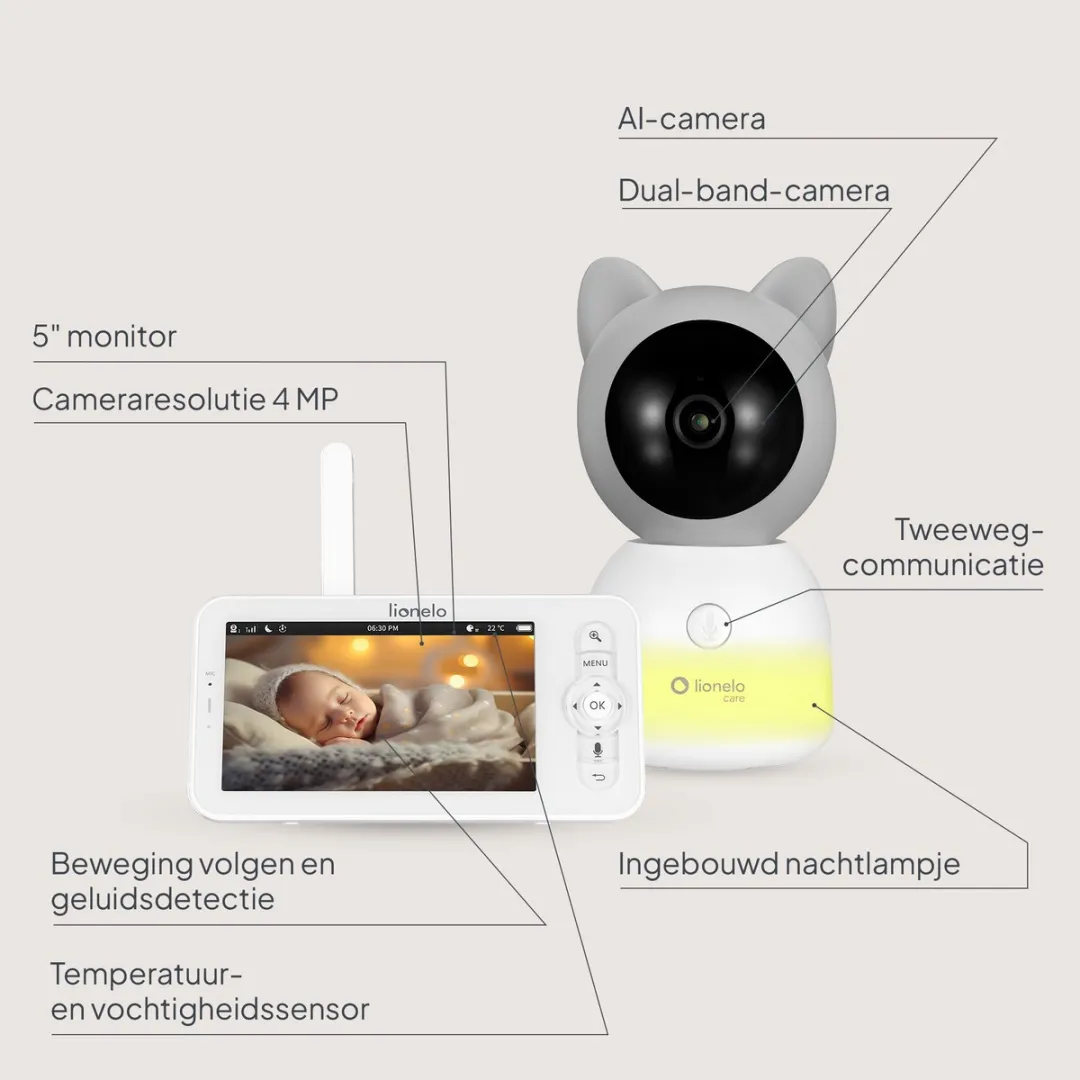 Lionelo Babyline 9.2 AI - Babyfoon met AI - Full HD camera - Nachtlampje - Huildetectie - Bewegingsdetectie - Temperatuur- en vochtigheidssensor - Tweeweg communicatie - VOX modus - App-connectiviteit - Voedingsherinnering