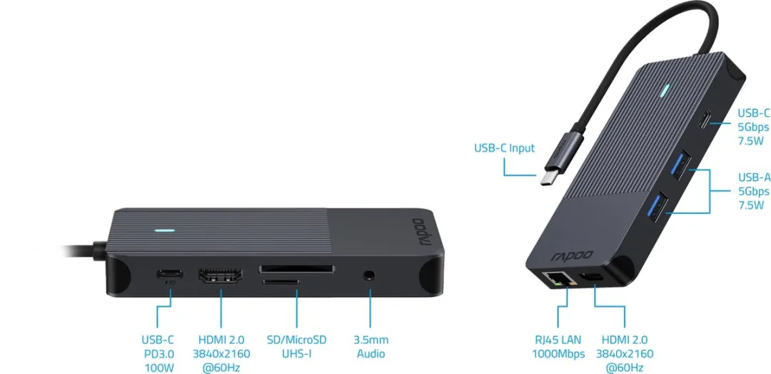 Rapoo UCM-2005 USB-C Multiport Adapter 10-in-1 - Donker Grijs - afbeelding 3 van 6