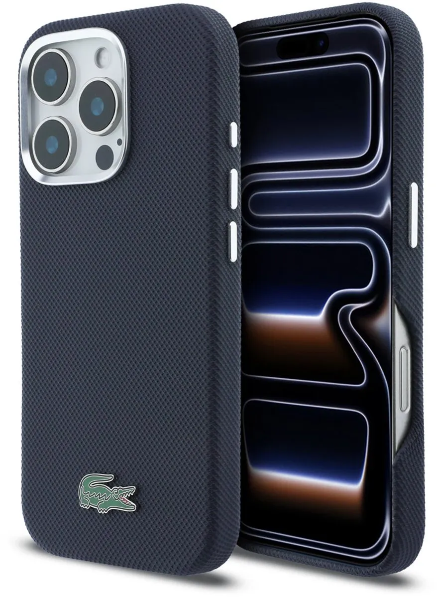 Lacoste Back Cover Case iPhone 16 Pro - Navy - MagSafe - Metaalranden