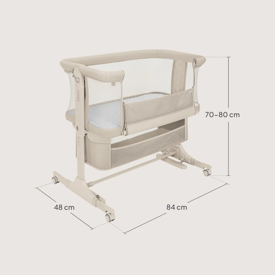 Lionelo Jodie 3in1 Wieg – Aanschuifbed, Vrijstaand Bedje & Schommelwieg – Co sleeper - 6 Hoogtestanden – T25 Matras – Neerklapbare Zijde – Inclusief Klamboe & Mand