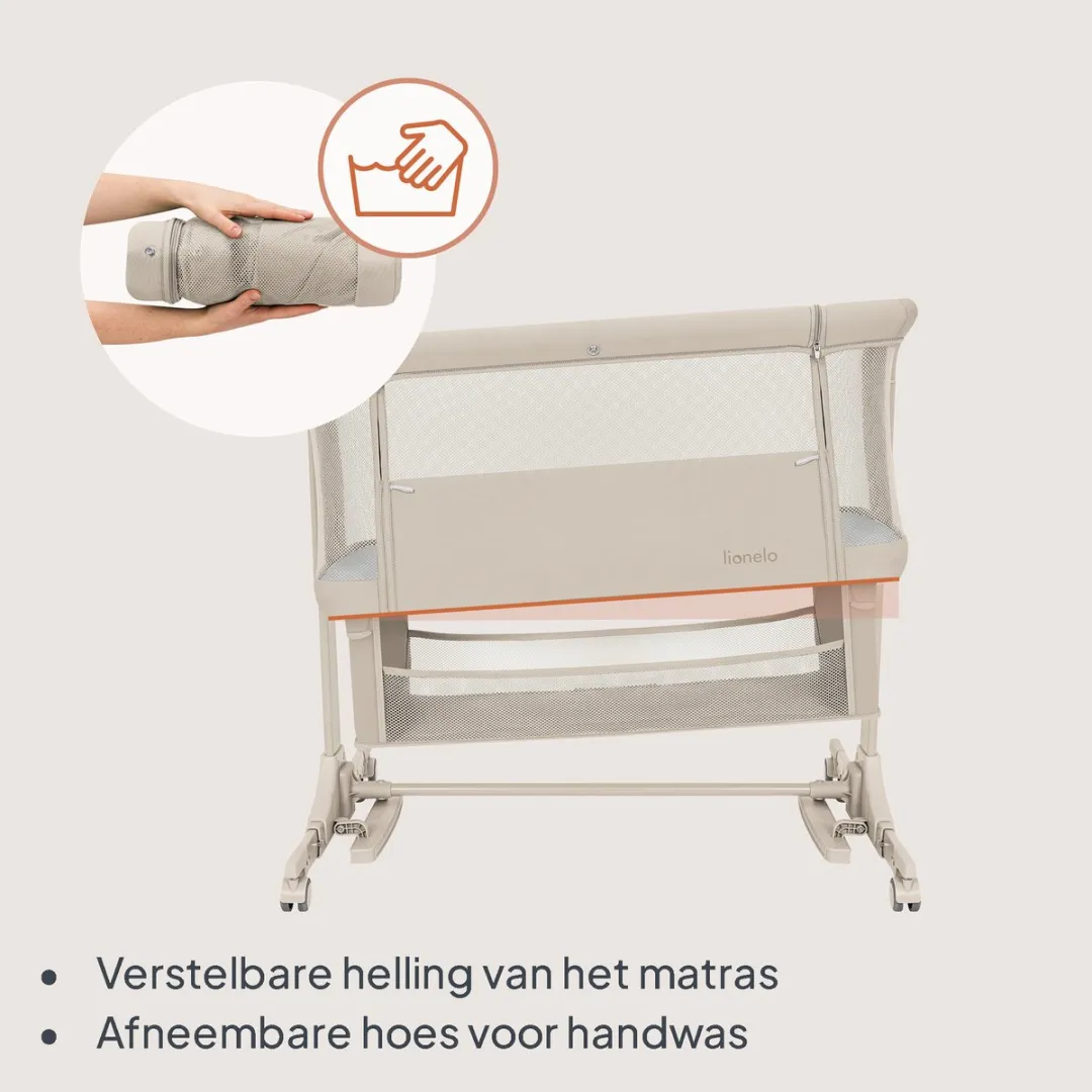 Lionelo Jodie 3in1 Wieg – Aanschuifbed, Vrijstaand Bedje & Schommelwieg – Co sleeper - 6 Hoogtestanden – T25 Matras – Neerklapbare Zijde – Inclusief Klamboe & Mand