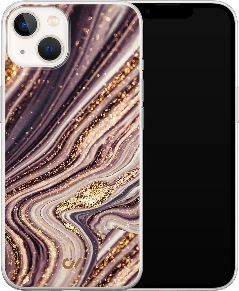 Casevibes iPhone 13 Hoesje A/13/UV/039 - Paars Golden Pink Marble