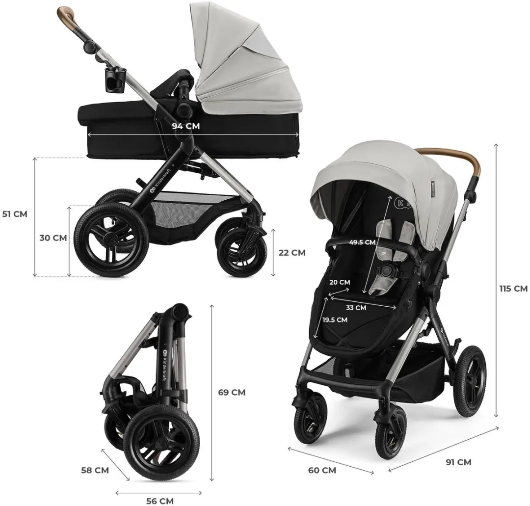 Kinderkraft MOOV 2 XL AIR Kinderwagen – Reiswieg, Wandelwagen & MINK PRO i-Size Autostoel – Grijs