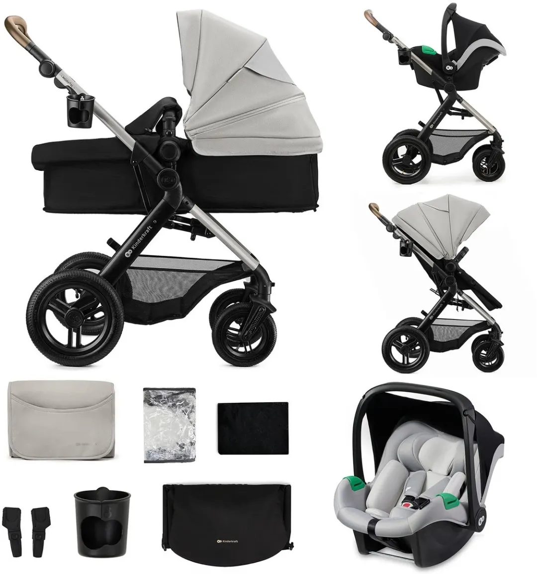 Kinderkraft MOOV 2 XL AIR Kinderwagen – Reiswieg, Wandelwagen & MINK PRO i-Size Autostoel – Grijs