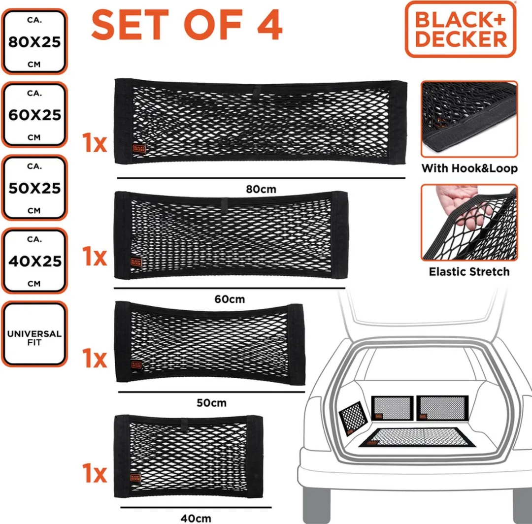 BLACK+DECKER Bagagenet Auto 4 Stuks - 4 Verschillende Afmetingen - Zwart