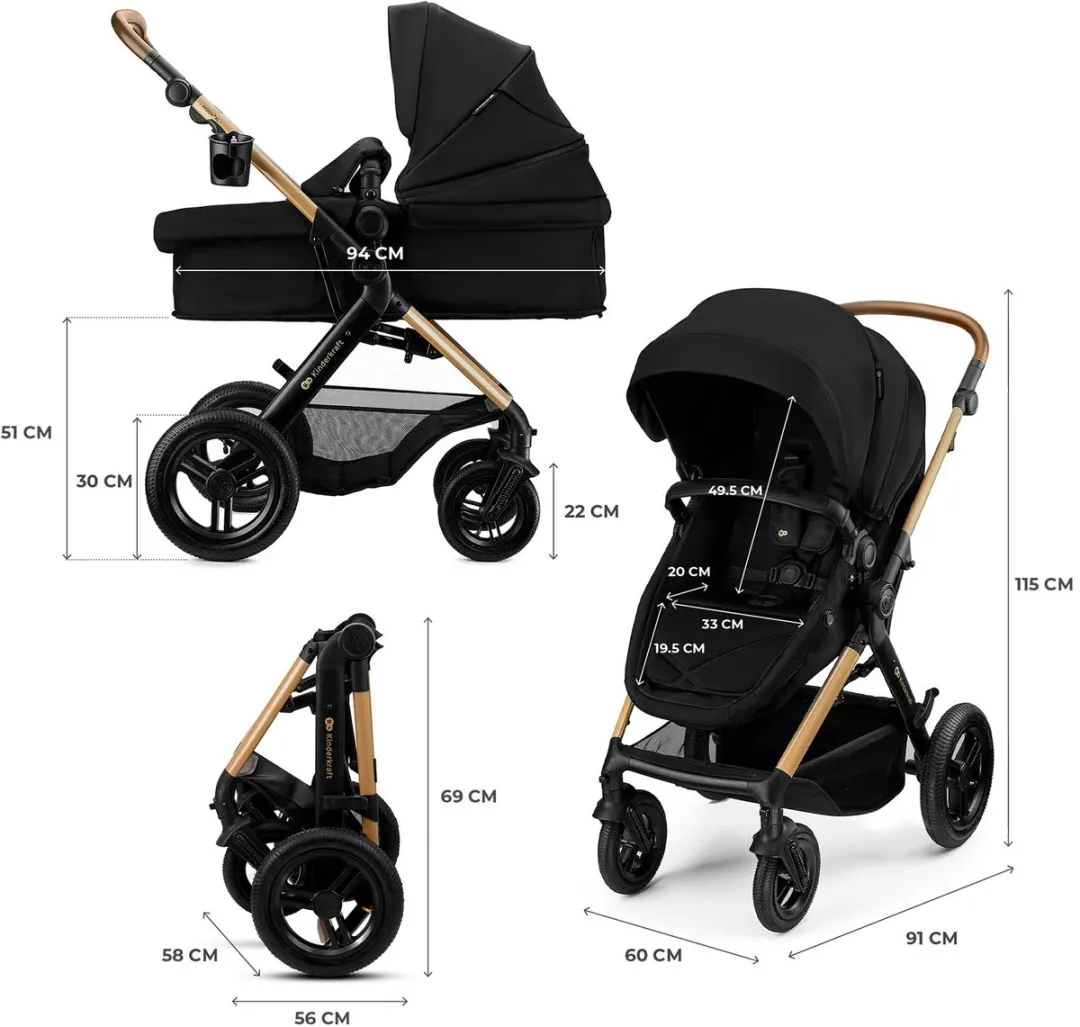 KinderKraft MOOV 2 XL AIR 3-in-1 Kinderwagen - MINK PRO i-Size Autostoel - Zwart