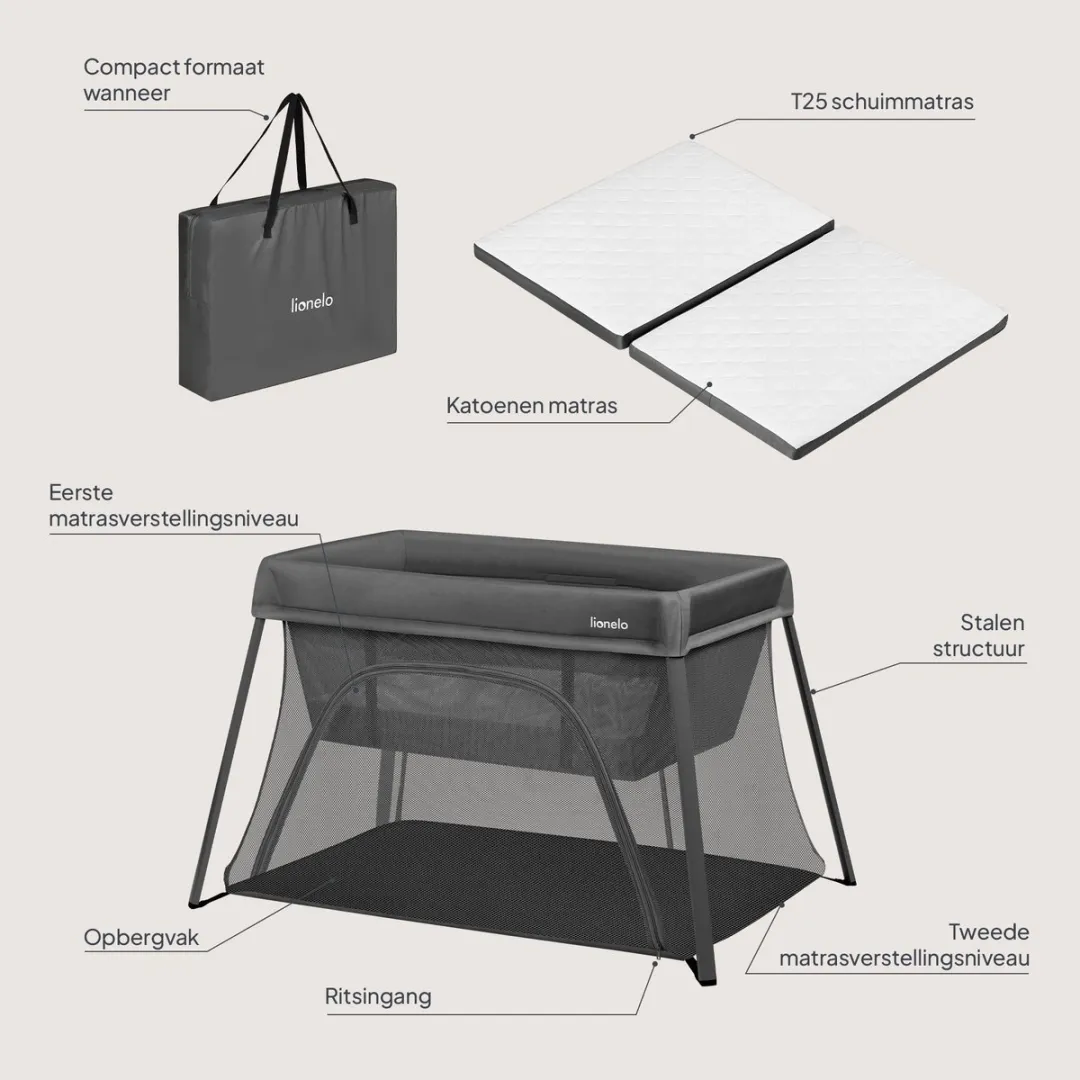 Lionelo Alice 3-in-1 Babybedje Reisbedje - Grijs